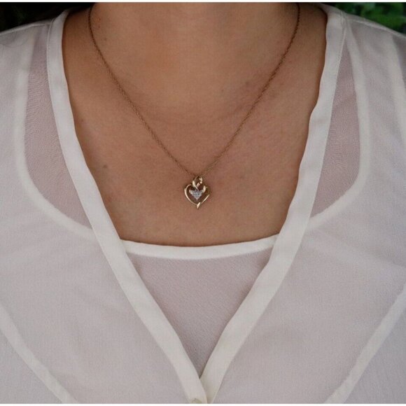 10k Yellow Gold Diamond Heart Necklace 19" Chain - Picture 4 of 7
